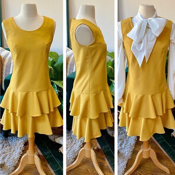 Vintage Dresses & Skirts - Killer Retro True Vintage 1970’s Marigold Tiered Ruffle Hem Drop Waist Dress